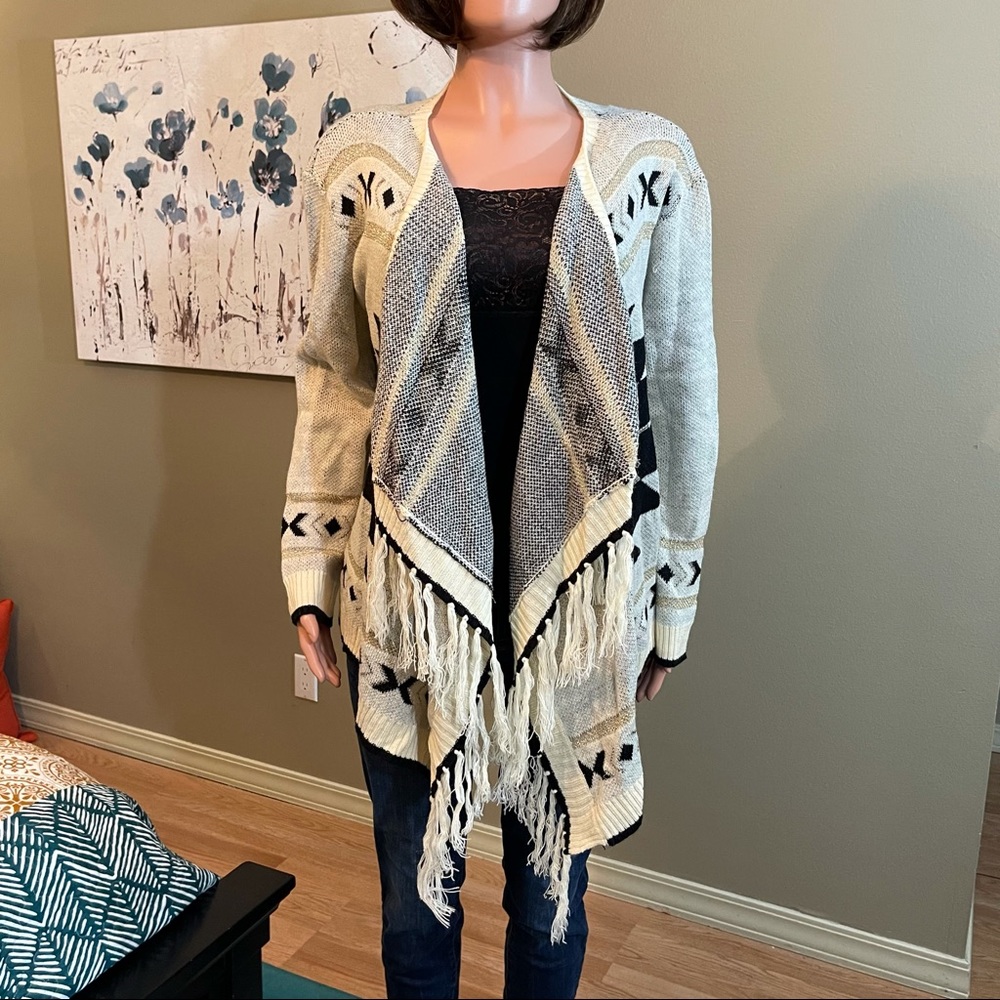 Ivory black gold open fringe cardigan